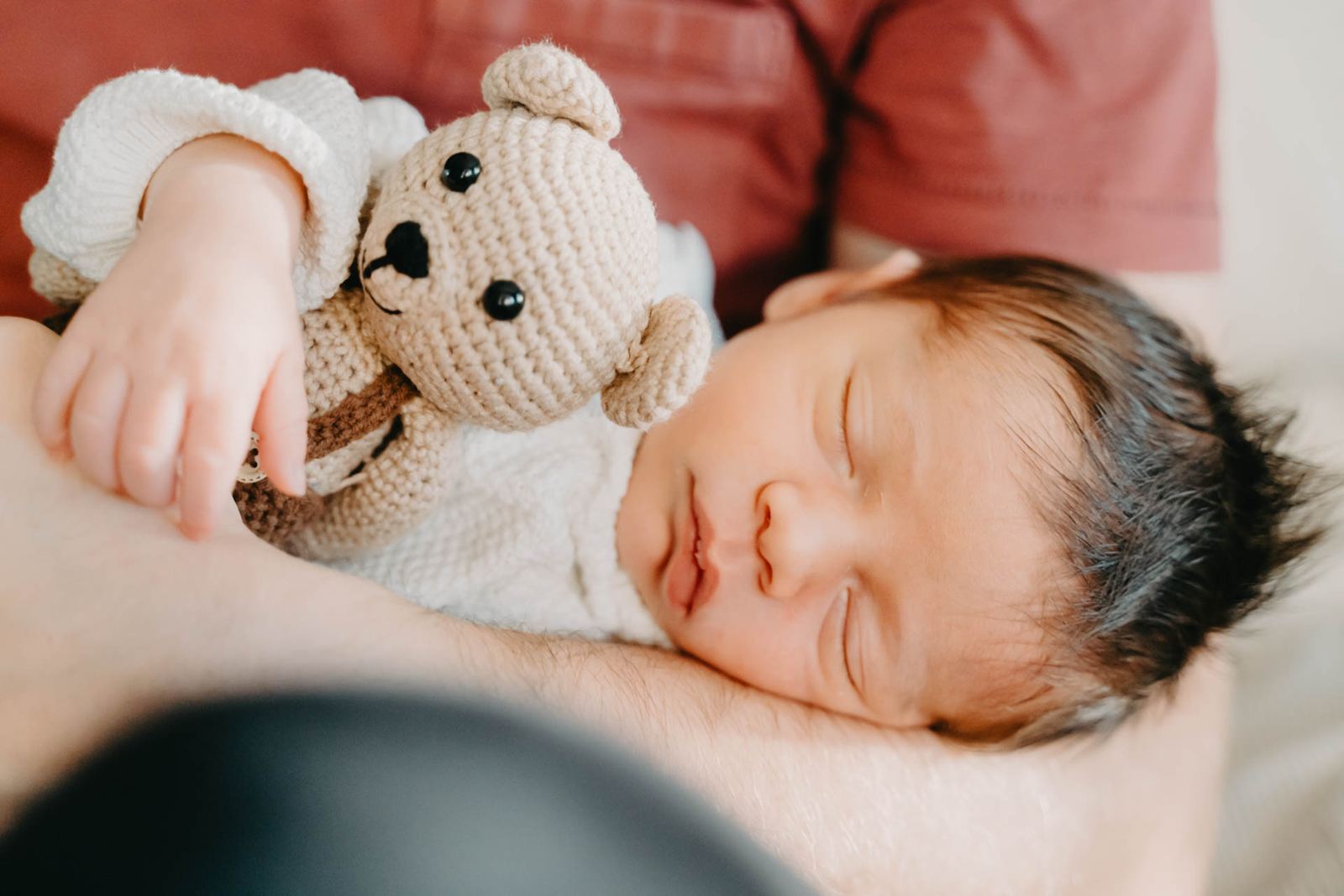 Close-up of a sleeping newborn with a knitted teddy bear
